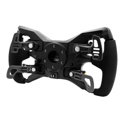 Cube Controls F-Core sim racing steering wheel with Bluetooth and USB connection, featuring upgraded shifters and ergonomic design.
