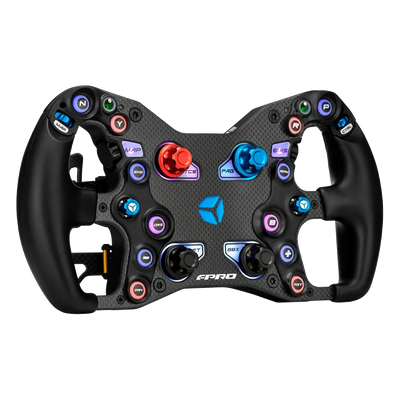 Cube Controls F-Pro wheel with Bluetooth, USB connections, carbon fiber plate, and aluminum chassis for gaming and iRacing subscriptions