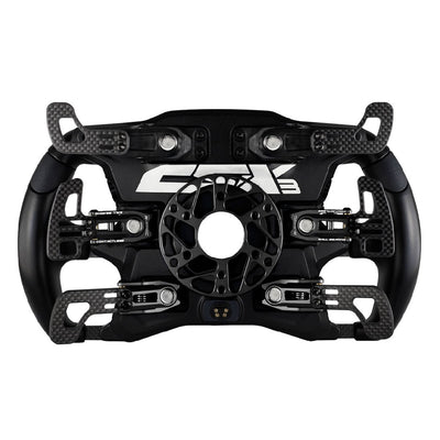 Cube Controls Formula CSX-3 racing wheel with carbon fiber front plate and dual-mode USB/Bluetooth connection.