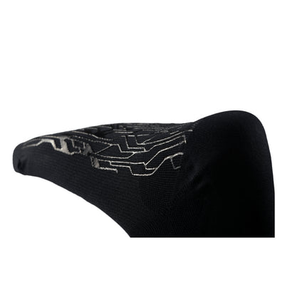 Cube Controls G+ Sim Racing Sokken met PVC-grip, no-stress stof; close-up van de zwarte uitvoering, gel-hielpad voor extra comfort