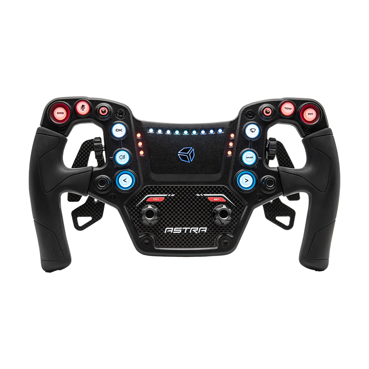 Kierownica sim racingowa Cube Controls Astra z panelem czołowym z włókna węglowego, ergonomicznymi uchwytami, konfigurowalnymi przyciskami RGB i magnetycznymi łopatkami zmiany biegów.