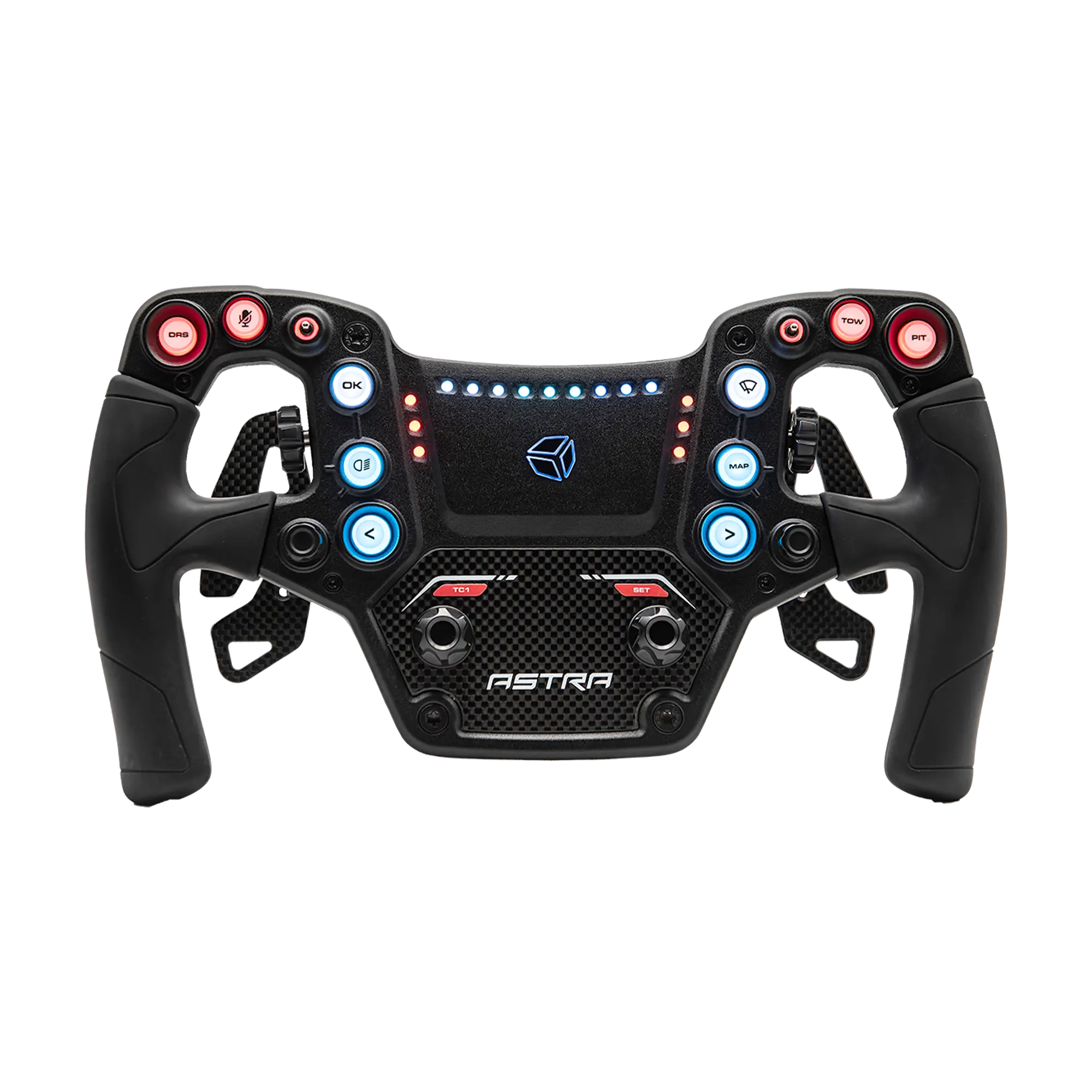 Sim racing volant Cube Controls Astra s čelní deskou z uhlíkových vláken, ergonomickými gripy, přizpůsobitelnými RGB tlačítky a magnetickými řadicími pádly.