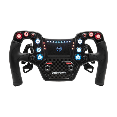 Sim racing volant Cube Controls Astra s čelní deskou z uhlíkových vláken, ergonomickými gripy, přizpůsobitelnými RGB tlačítky a magnetickými řadicími pádly.