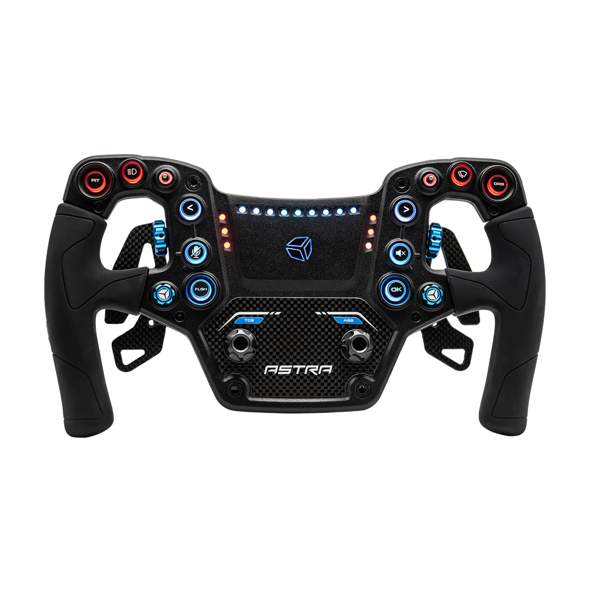 Kierownica sim racingowa Cube Controls Astra z panelem czołowym z włókna węglowego, łopatkami CNC-mag i przyciskami RGB na ergonomicznych silikonowych uchwytach.