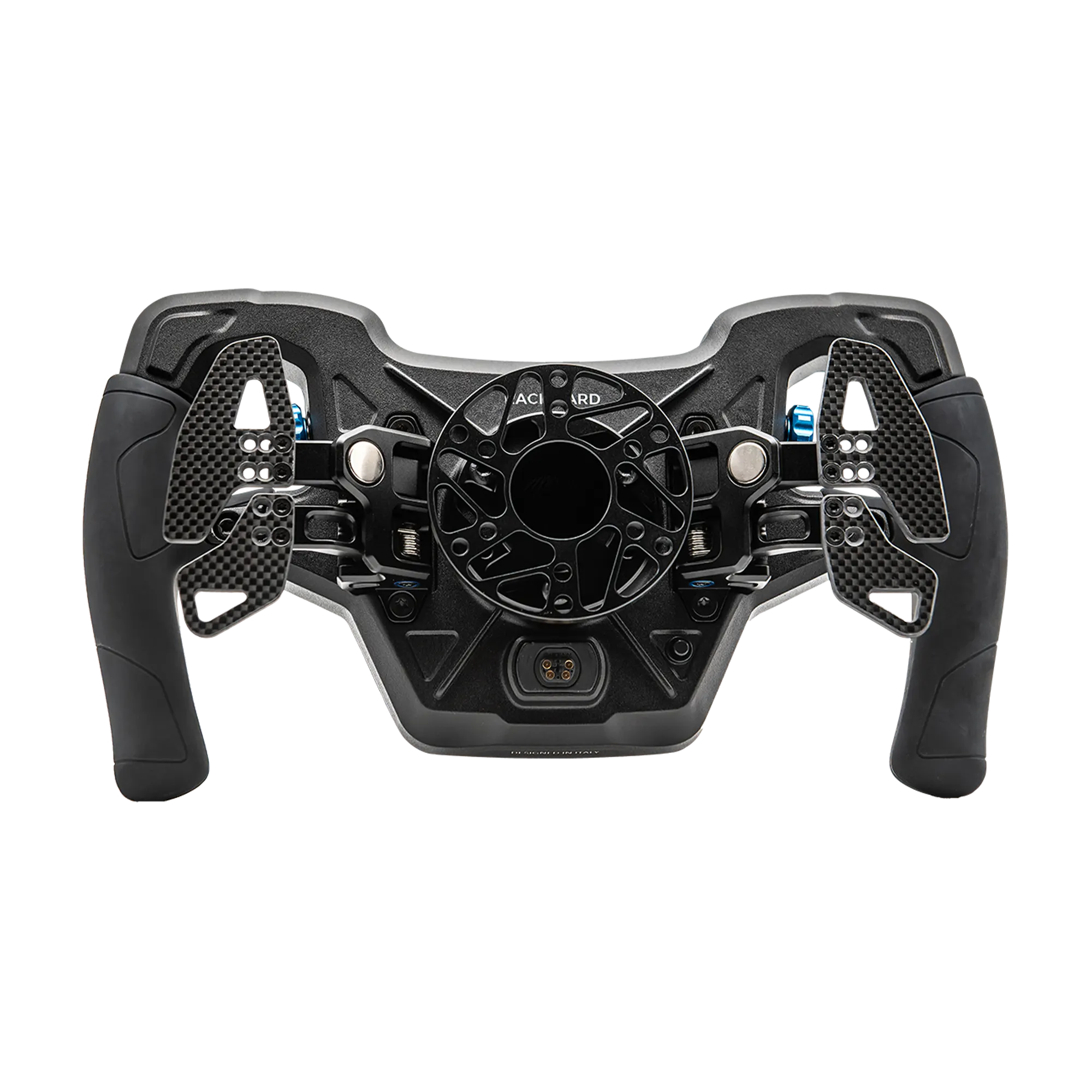 Sim racing volant Cube Controls Astra s čelní deskou z uhlíkových vláken, hliníkovým tělem a přizpůsobitelnými RGB tlačítky.