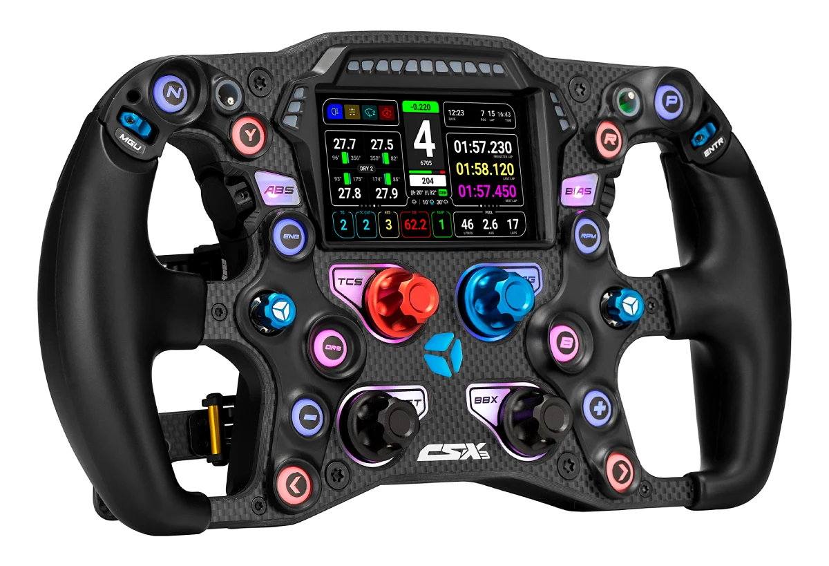 Professional racing simulator steering wheel with colorful buttons and digital display.