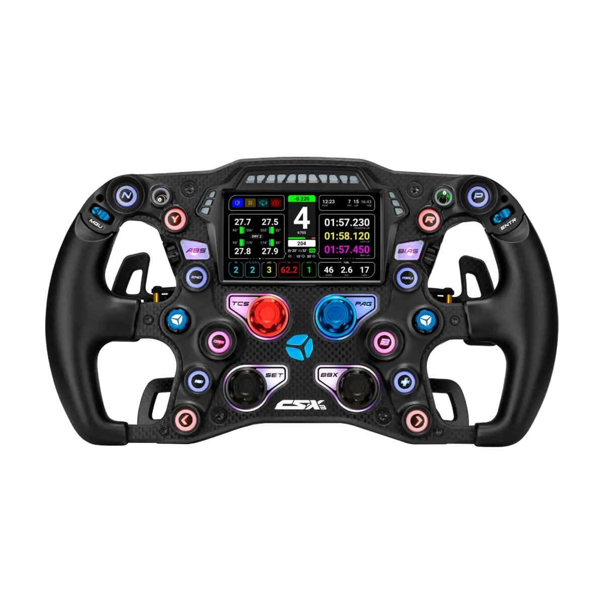 Cube Controls Formula CSX-3 volant s LCD dotykovou obrazovkou, ideálny pre formulové autá, s USB a Bluetooth pripojením.