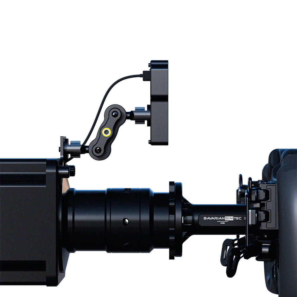 BavarianSimTec DDU5 dashboard mounted on sim racing setup with CNC aluminum housing and MagicArm compatibility.