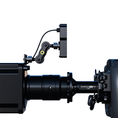 BavarianSimTec DDU5 dashboard mounted on sim racing setup with CNC aluminum housing and MagicArm compatibility.