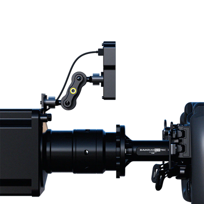 BavarianSimTec DDU5 dashboard mounted on sim racing setup with CNC aluminum housing and MagicArm compatibility.