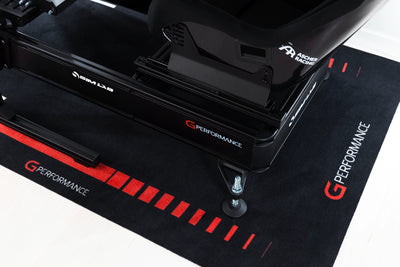 GPerformance SimRacing Carpet with non-slip surface and logos, protecting floors from scratches in a motorsport-themed setup.
