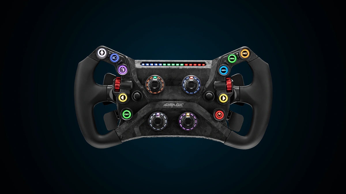 Simagic GT Neo steering wheel close-up - RGB buttons, rotary encoders and 7-way switches