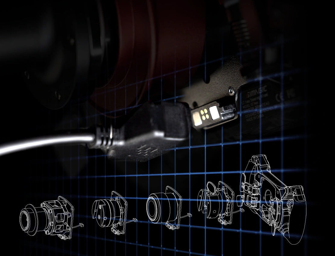 Simagic MagLink USB cable connecting the GT Neo to a third-party wheelbase