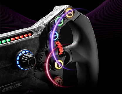 Detailed view of Simagic Alpha EVO Pro + Simagic GT Neo steering wheel with illuminated controls for advanced sim racing performance.