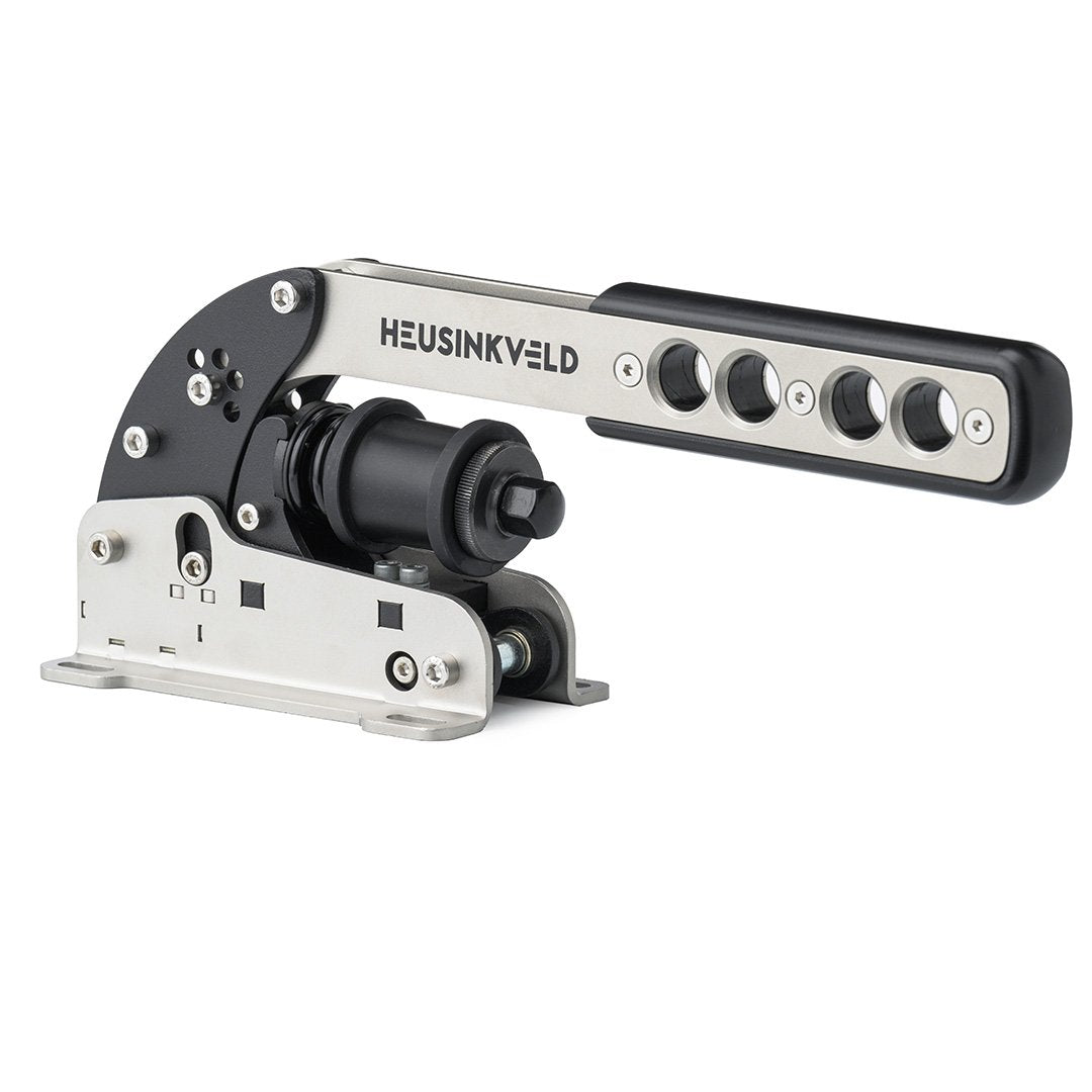 Heusinkveld Sim Handbrake V2 con diseño moderno y célula de carga mejorada para precisión y durabilidad en setups de simulación de carreras.