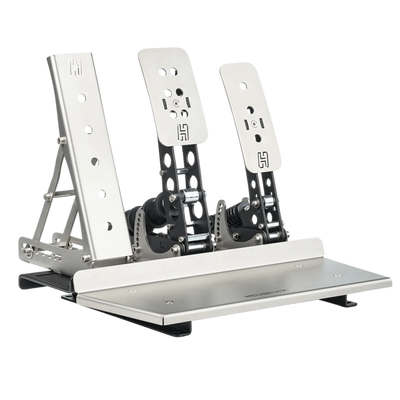 Heusinkveld Rest Pedal with adjustable footplat and double supports for comfort, preventing accidental presses in a racing simulator setup.