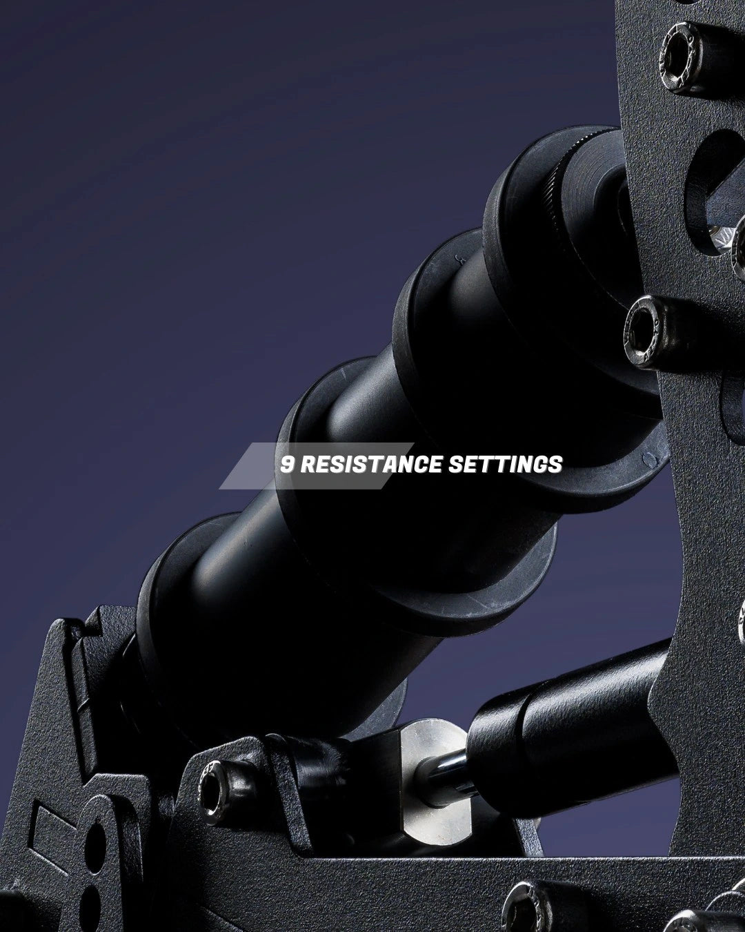 Close-up of a machine part with text '9 Resistance Settings' on a dark background, showcasing fitness equipment adjustability.