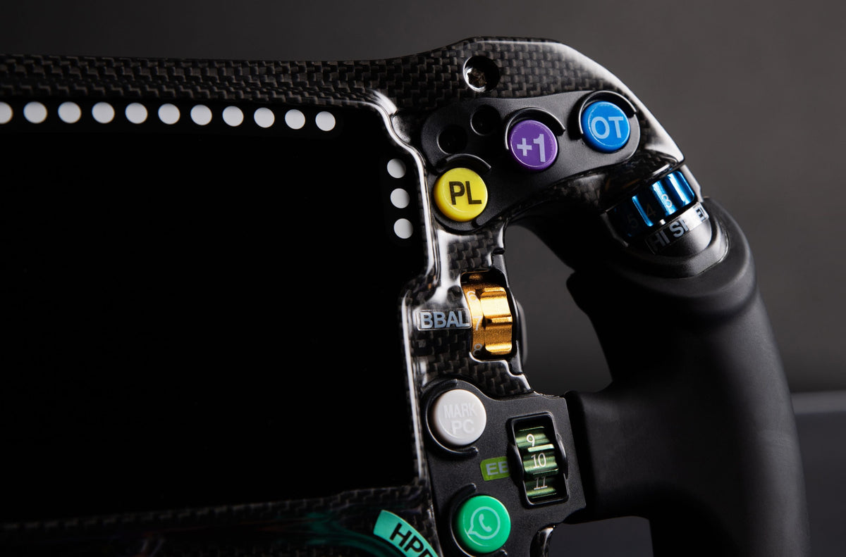 Ergonomic silicone grips on the Sim-Lab Mercedes-AMG PETRONAS F1 Team sim racing steering wheel