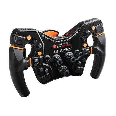 Asetek La Prima™ Formula Steering Wheel with customizable buttons and switches for high-performance racing experience.