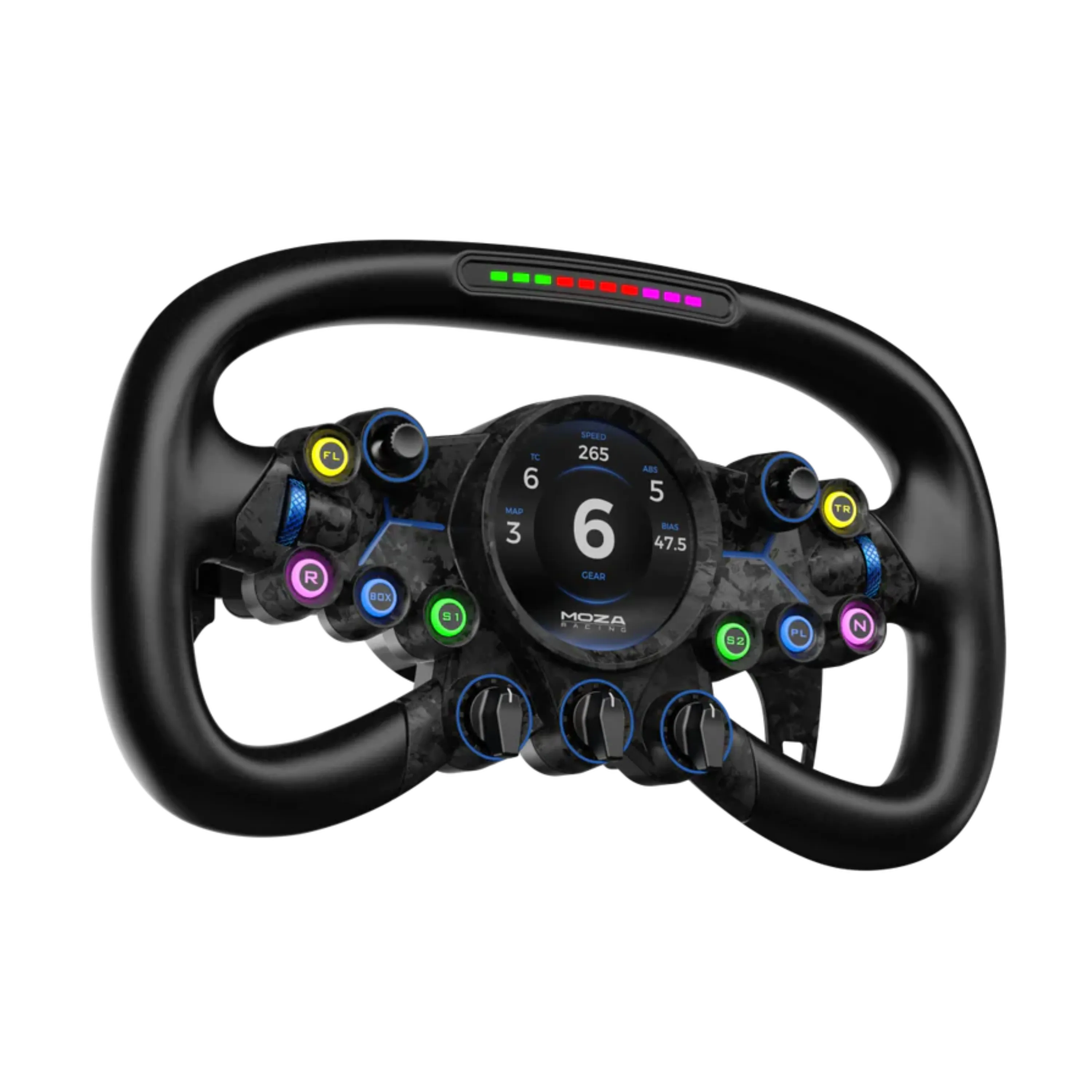 MOZA Vision GS Steering Wheel featuring HD circular touch screen, RPM indicators, and microfiber leather grips.