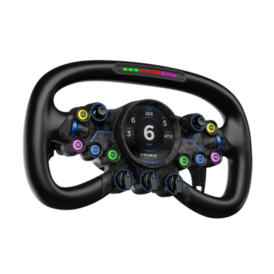 MOZA Vision GS Steering Wheel featuring HD circular touch screen, RPM indicators, and microfiber leather grips.