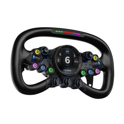 MOZA Vision GS Steering Wheel featuring HD circular touch screen, RPM indicators, and microfiber leather grips.