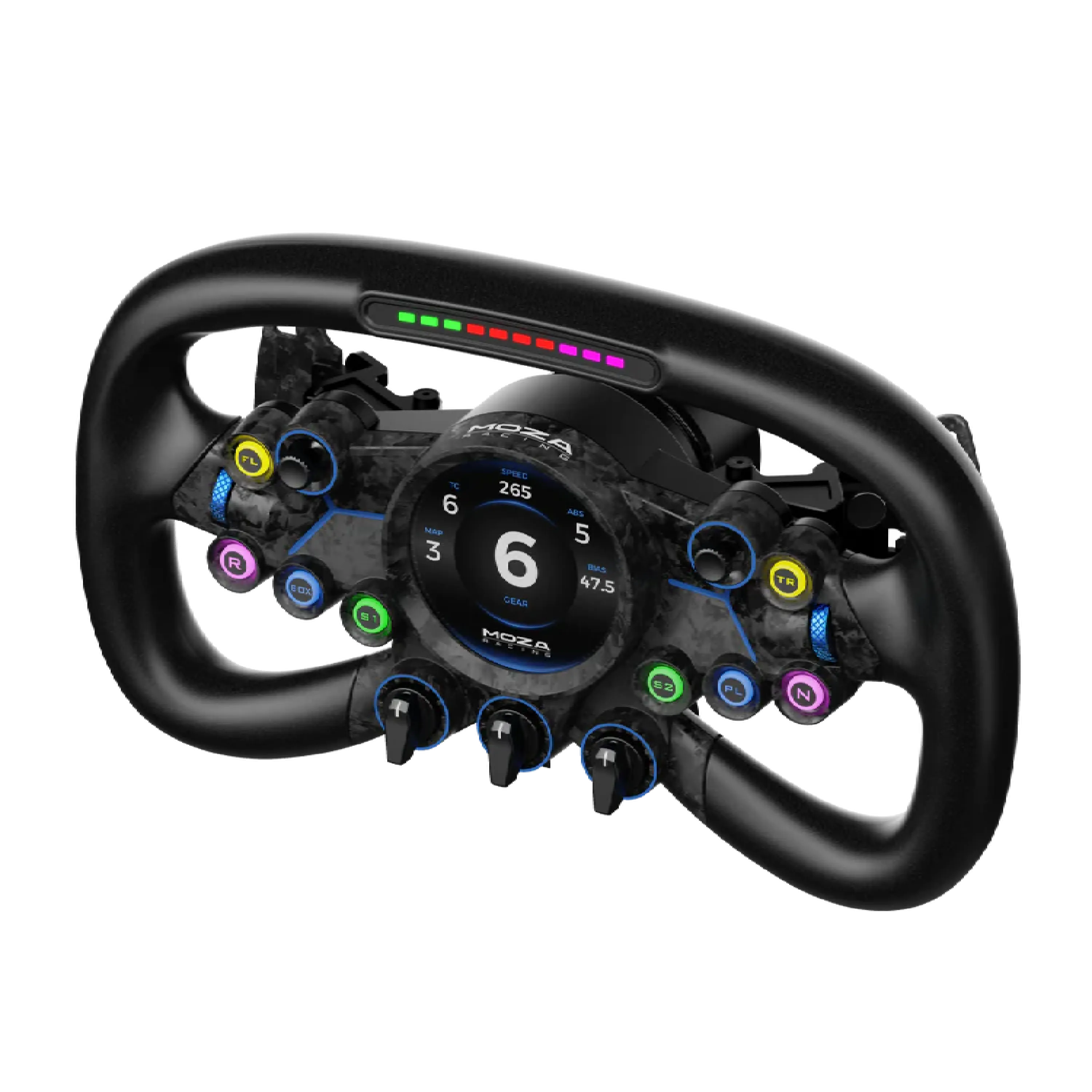 MOZA Vision GS Steering Wheel with HD touch screen and customizable UI, crafted from aluminum and carbon fiber with RPM indicators.