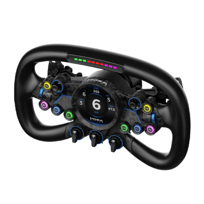 MOZA Vision GS Steering Wheel with HD touch screen and customizable UI, crafted from aluminum and carbon fiber with RPM indicators.
