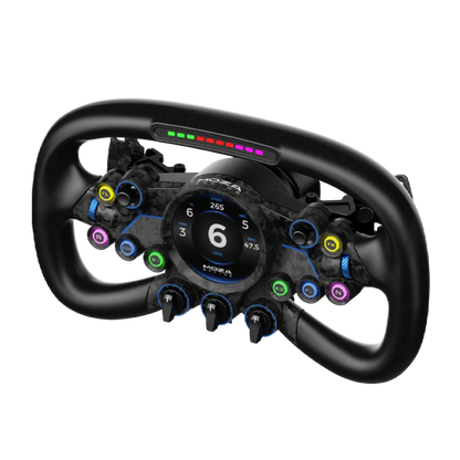 MOZA Vision GS Steering Wheel with HD touch screen and customizable UI, crafted from aluminum and carbon fiber with RPM indicators.