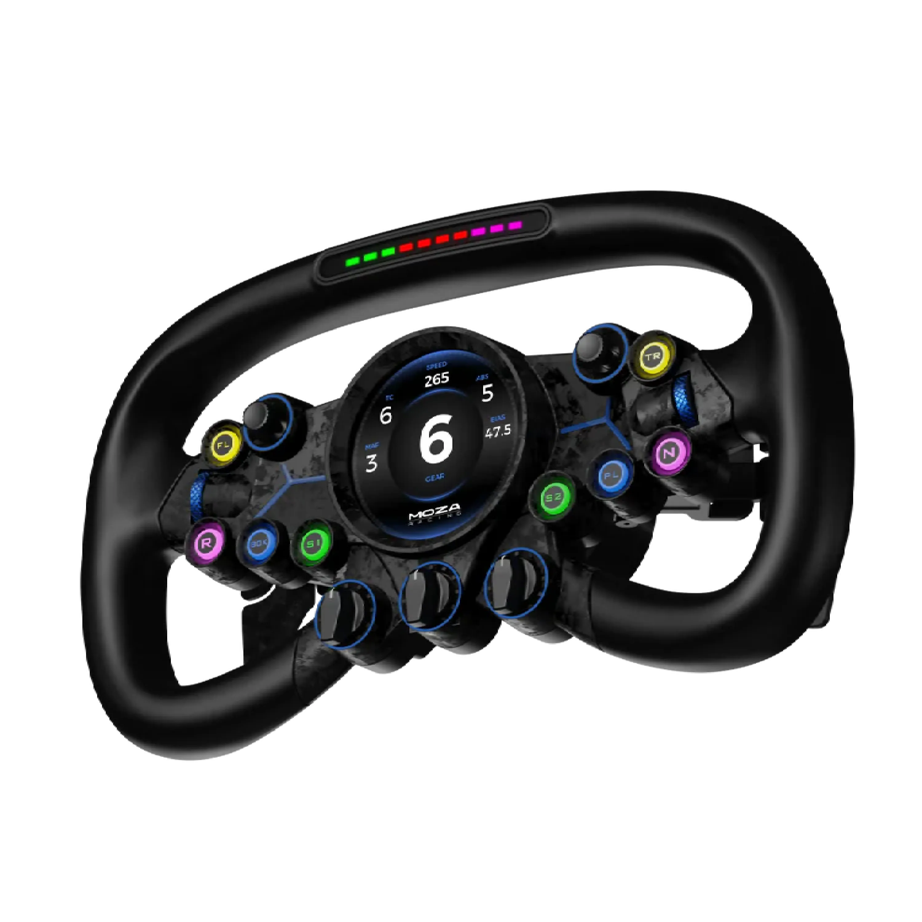 MOZA Vision GS Steering Wheel with HD touch screen and RPM indicators, durable aerospace-grade aluminum and carbon fiber construction.