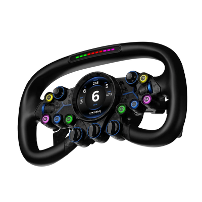 MOZA Vision GS Steering Wheel with HD touch screen and RPM indicators, durable aerospace-grade aluminum and carbon fiber construction.