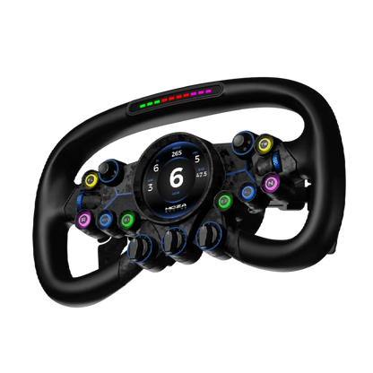 MOZA Vision GS Steering Wheel with HD touch screen and RPM indicators, durable aerospace-grade aluminum and carbon fiber construction.