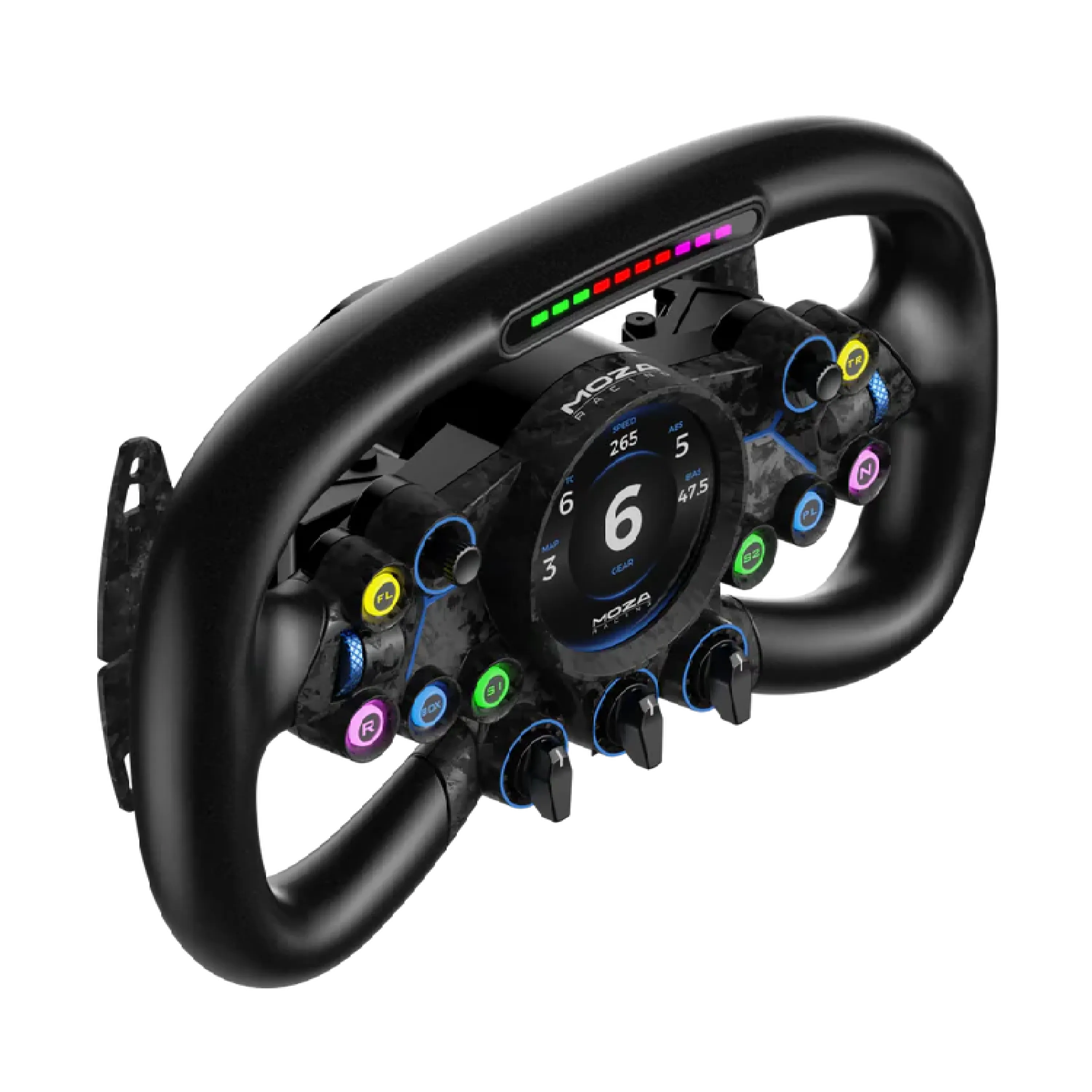 MOZA Vision GS Steering Wheel with HD touchscreen and RPM indicators, featuring ergonomic design, aluminum and carbon fiber build.