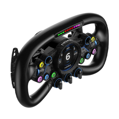 MOZA Vision GS Steering Wheel with HD touchscreen and RPM indicators, featuring ergonomic design, aluminum and carbon fiber build.