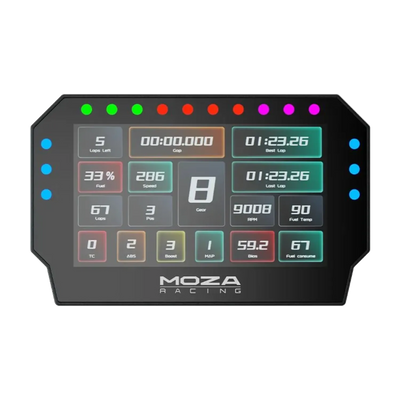 MOZA CM2 HD Racing Dashboard with 5-inch touchscreen, 10 RGB shift indicators, showing real-time race data, compatible with sim racing rigs.