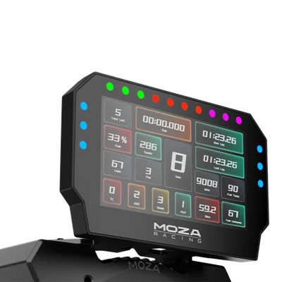 MOZA CM2 HD Racing Dashboard with 5-inch touchscreen, showcasing real-time race data indicators and customizable interface for sim racing.