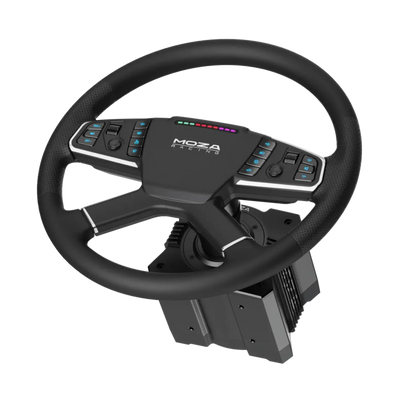 Moza TSW Truck Wheel with microfiber leather rim and RGB buttons, designed for realistic truck driving experience with MOZA wheelbases.