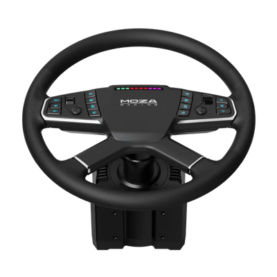 Moza TSW Truck Wheel with RGB buttons and LED lights, features a hand-stitched microfiber leather rim for realistic truck driving.