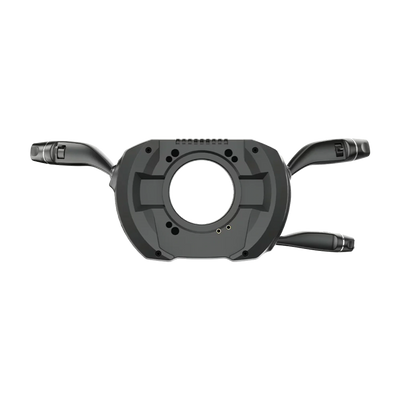 Moza Multi-function Stalks met 28 programmeerbare schakelaars voor ruitenwissers, koplampen, cruise control en automatisch terugverende richtingaanwijzers.