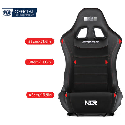 Next Level Racing ERS5 Elite Reclining Seat - PU Leather & Suede Edition, FIA licensed with precise dimensions shown.