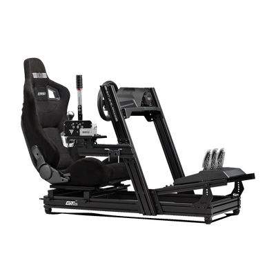Cockpitul Next Level Racing GTELITE Wheel Plate Edition, bogat în funcționalități, cu scaun ergonomic și wheel plate reglabil, dedicat pasionaților de sim racing.