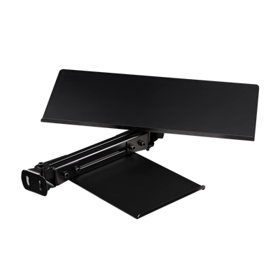 Next Level Racing GTElite Keyboard and Mouse Tray in anodized black aluminum and carbon steel, adjustable for sim racers.