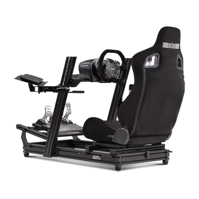 Next Level Racing GTElite Keyboard and Mouse Tray mounted on an Elite series cockpit for ergonomic access in sim racing.