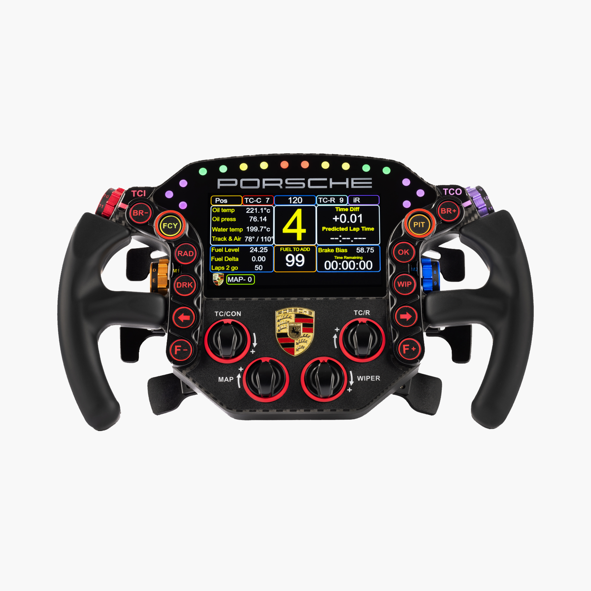 Sim-Lab Porsche 911 RSR sim racing steering wheel - front view with carbon fiber plate, 5 inch display and Porsche crest
