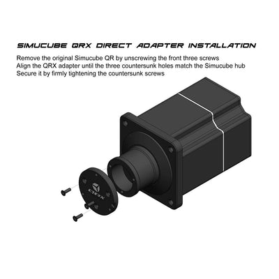 Installation process of the QRX Simucube Direct Adapter for enhanced wheel compatibility and fast changes shown in a diagram.
