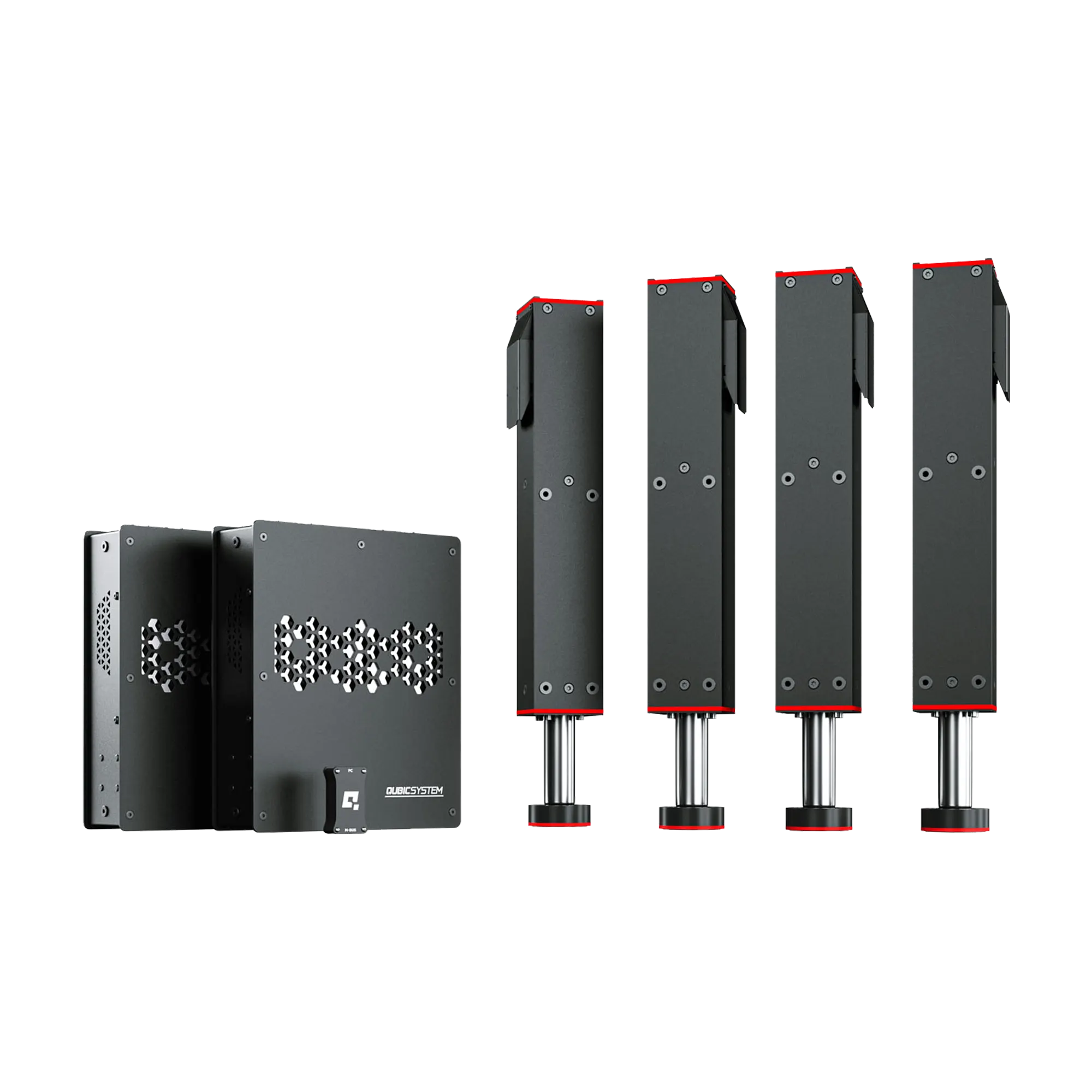 Qubic System QS-220 actuators with four 100mm stroke units and power cabinets for professional and home cockpit applications