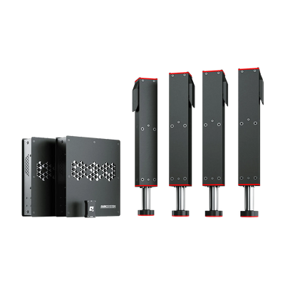 Qubic System QS-220 actuators with four 100mm stroke units and power cabinets for professional and home cockpit applications