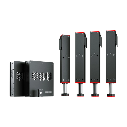 Qubic System QS-220 actuators with four 100mm stroke units and power cabinets for professional and home cockpit applications