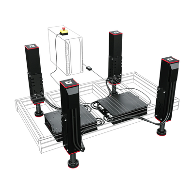 Qubic System QS-220 actuators 3DOF motion base with four 100mm stroke actuators, compact design for professional and home cockpit use.