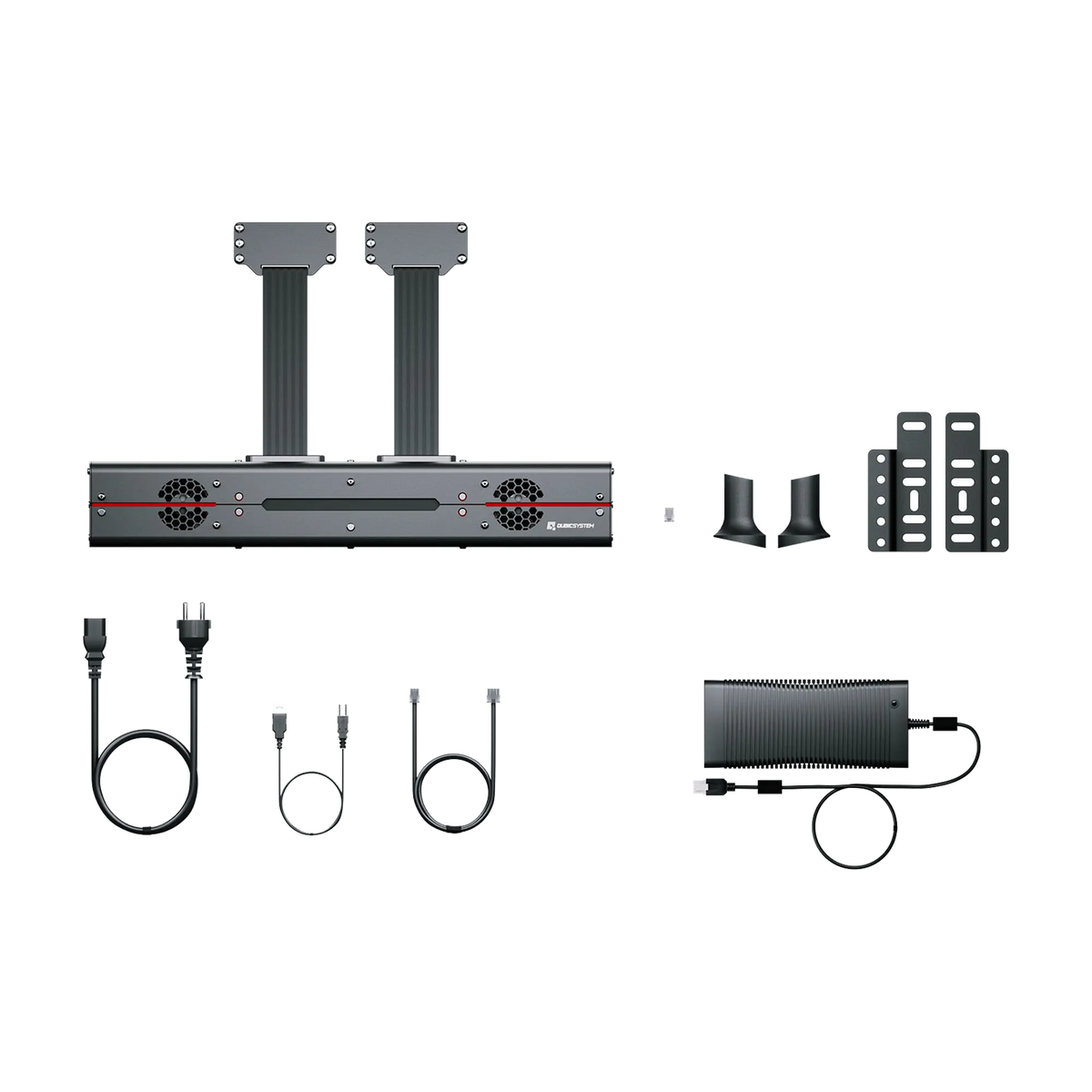 Qubic System QS-BT1 seat belt tensioner components for sim racing immersion, including cables, tensioners, and power supply.